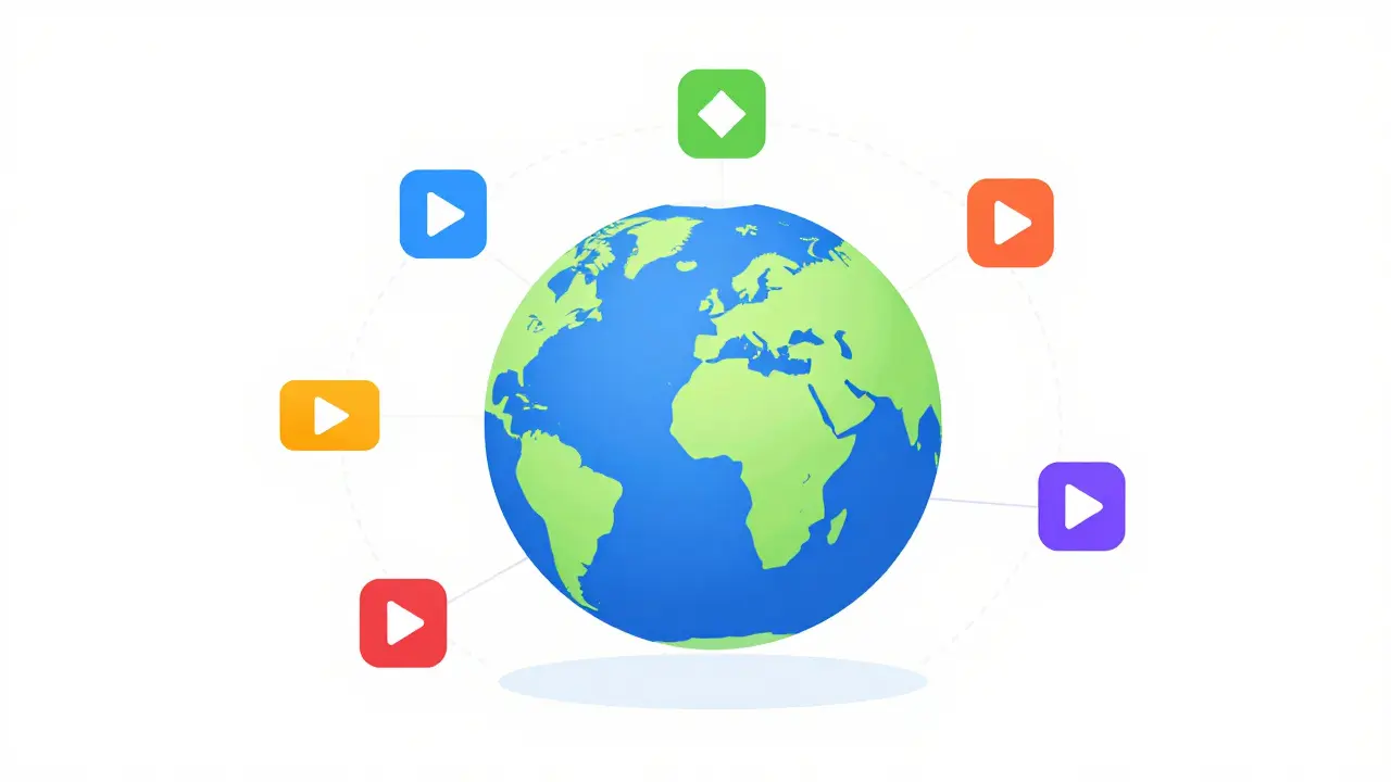 Stylized globe with streaming service icons connected to different world regions