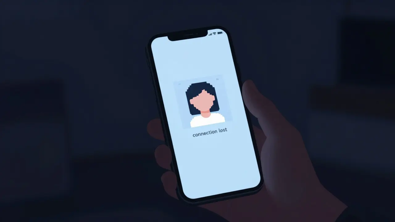 A lonely figure holding a phone with a disconnected video call