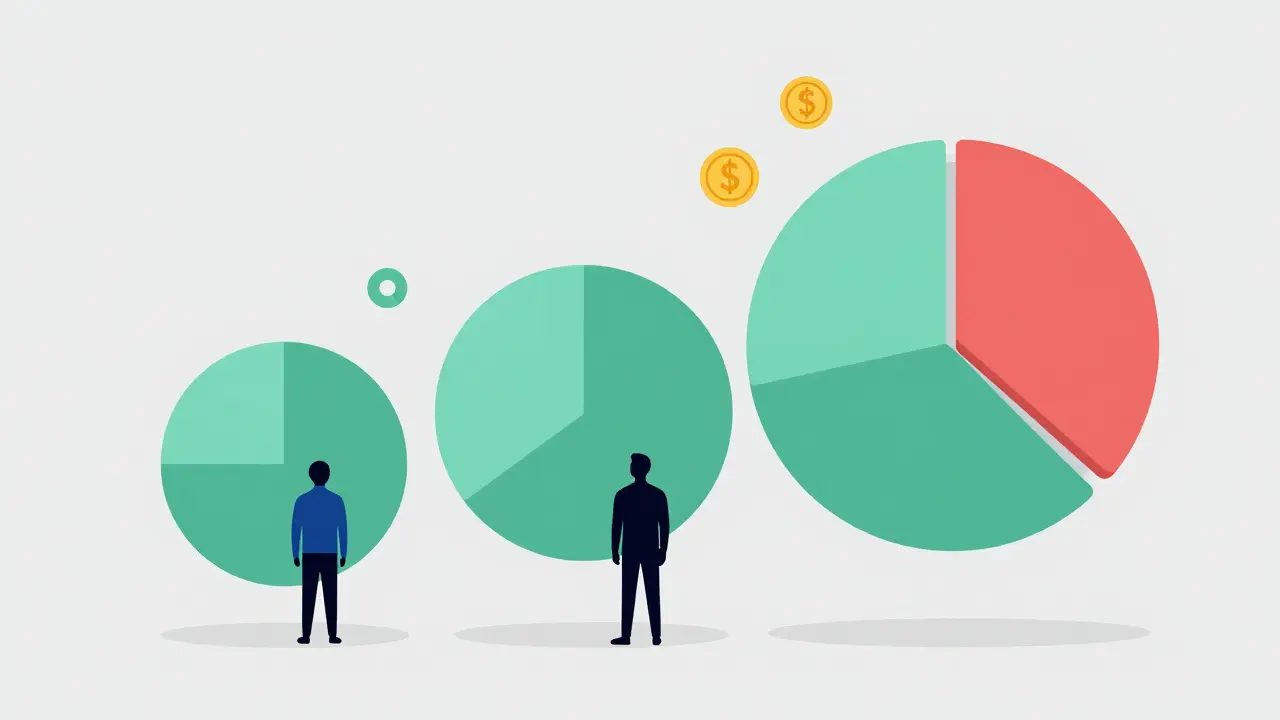 Abstract characters standing next to simplified pie charts illustrating different revenue splits.