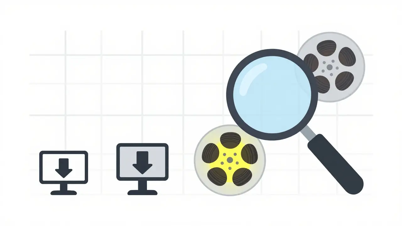 Abstract icons representing video download sizes and a magnifying glass finding content