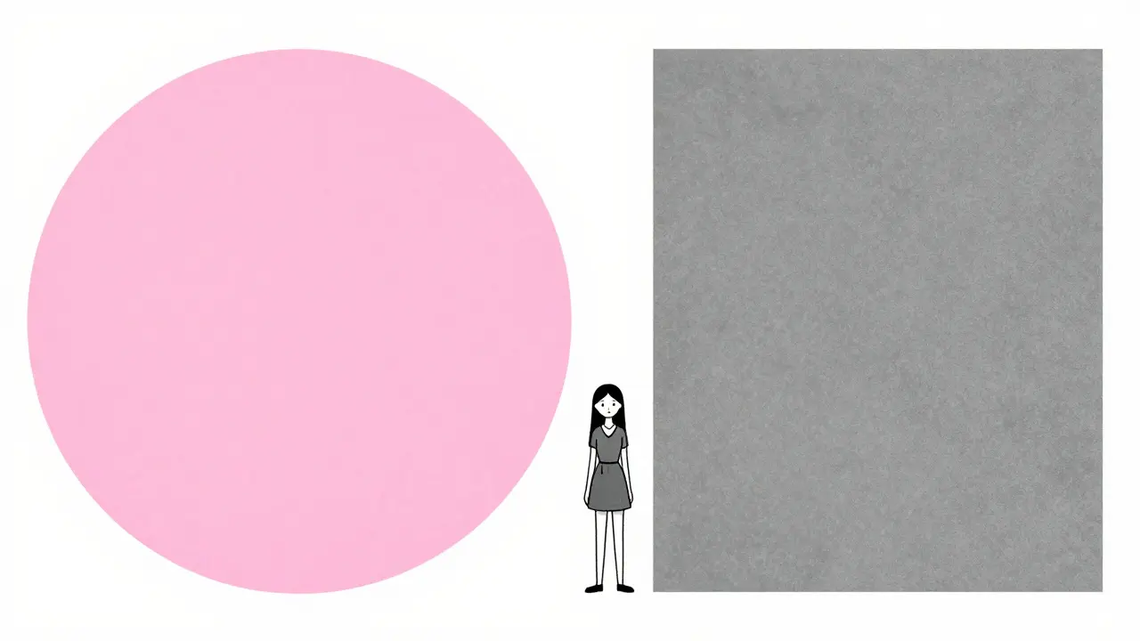 Abstract minimalist art contrasting pink perfection with gray reality.