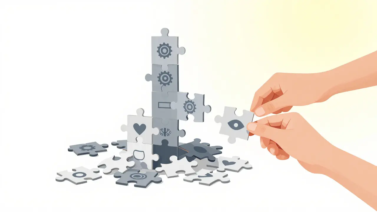 Abstract puzzle pieces forming a bridge between performance and craft concepts.