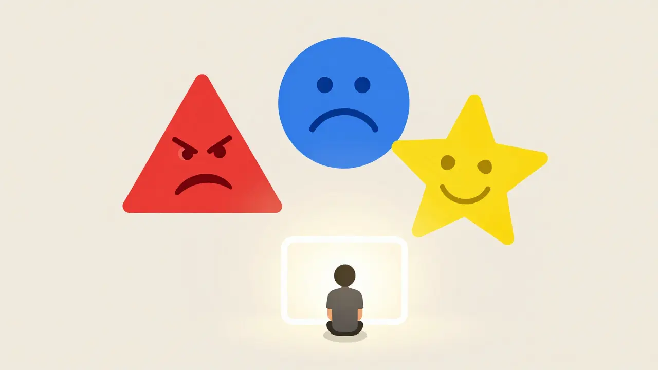 Abstract shapes representing emotions around a viewer