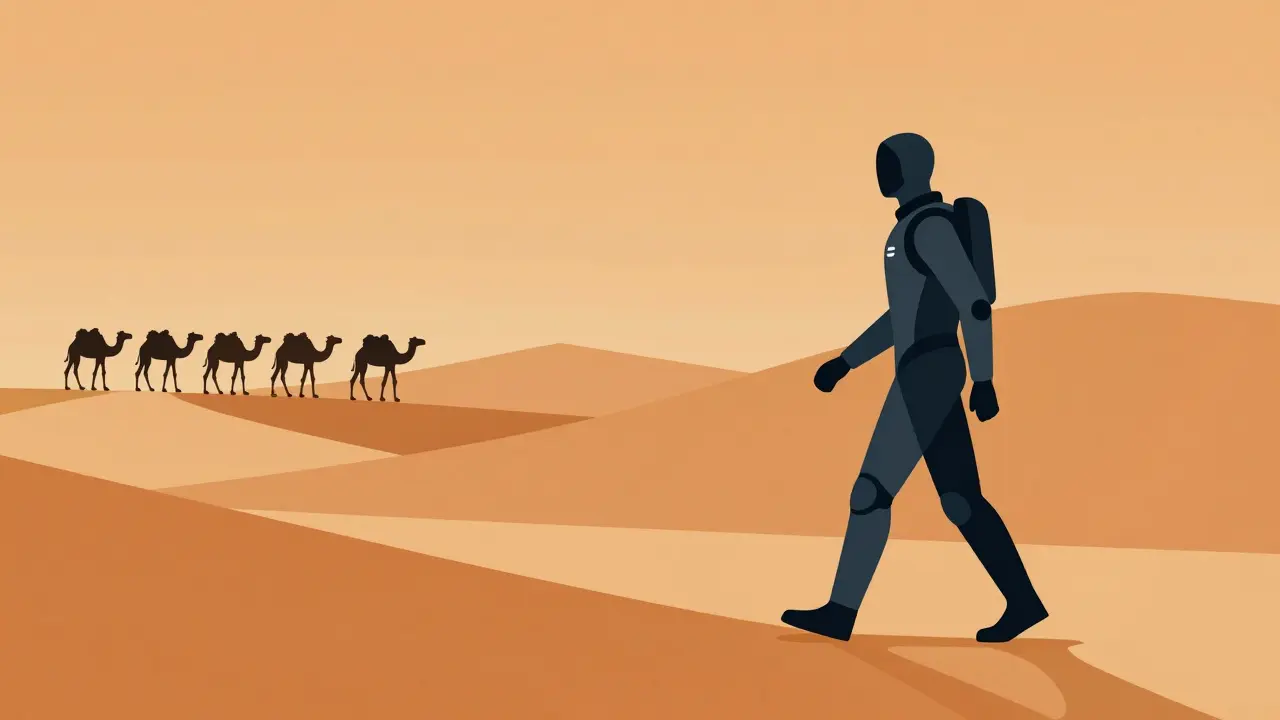 Camel caravan and futuristic walker in minimalist desert