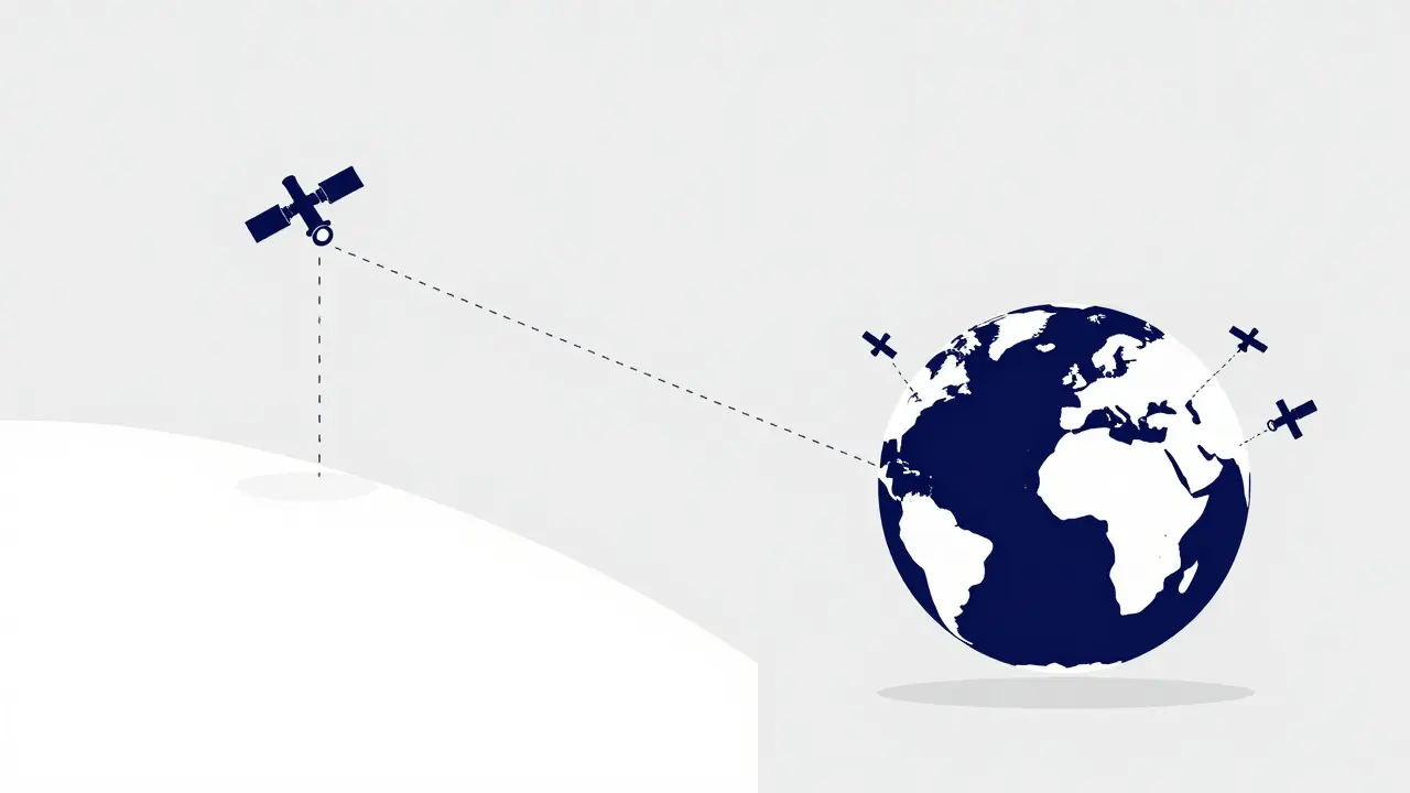 Conceptual diagram comparing GEO and LEO satellite orbits