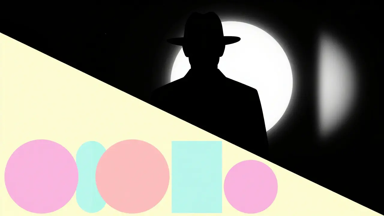 Contrasting noir shadows and musical pastels in minimal art