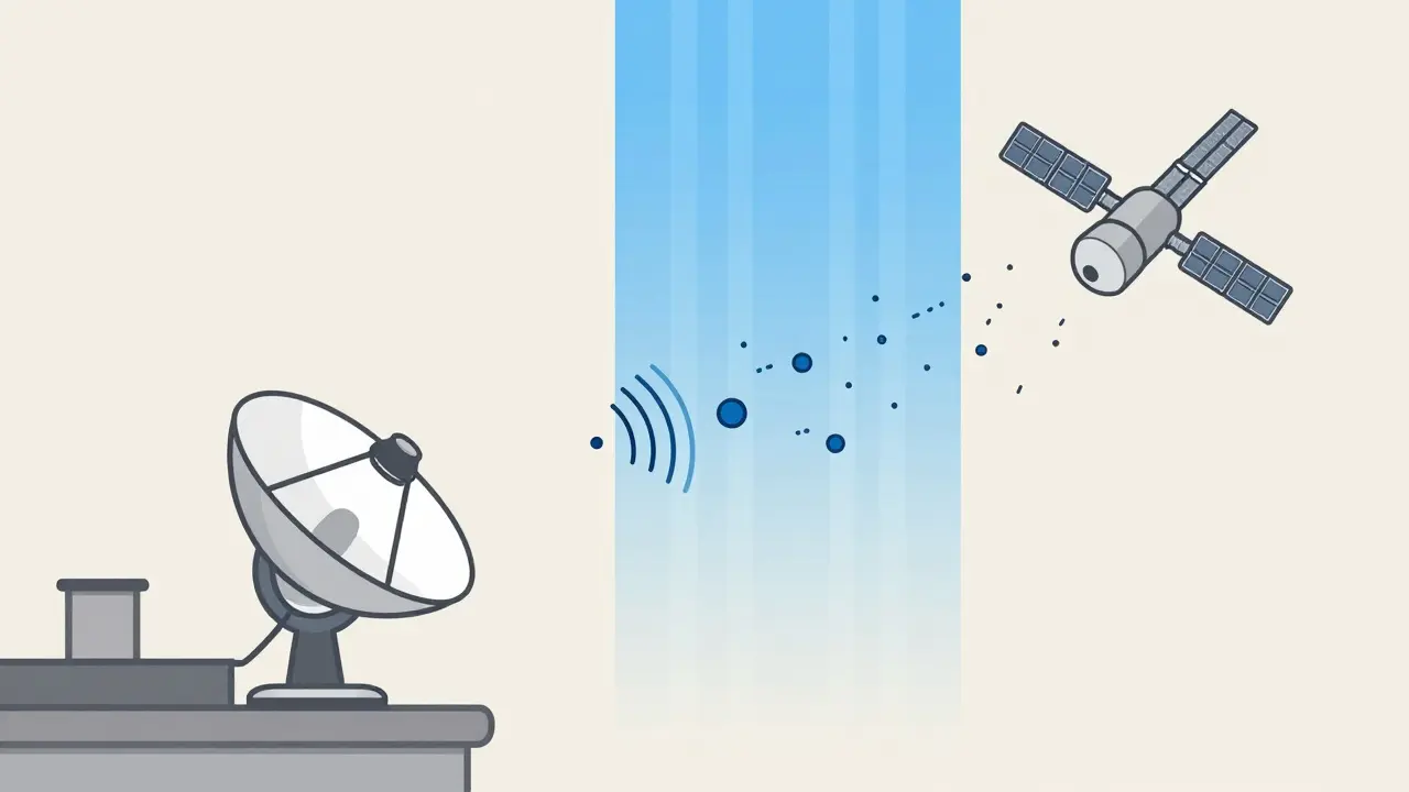 Diagram showing rain blocking radio waves between a dish and satellite.