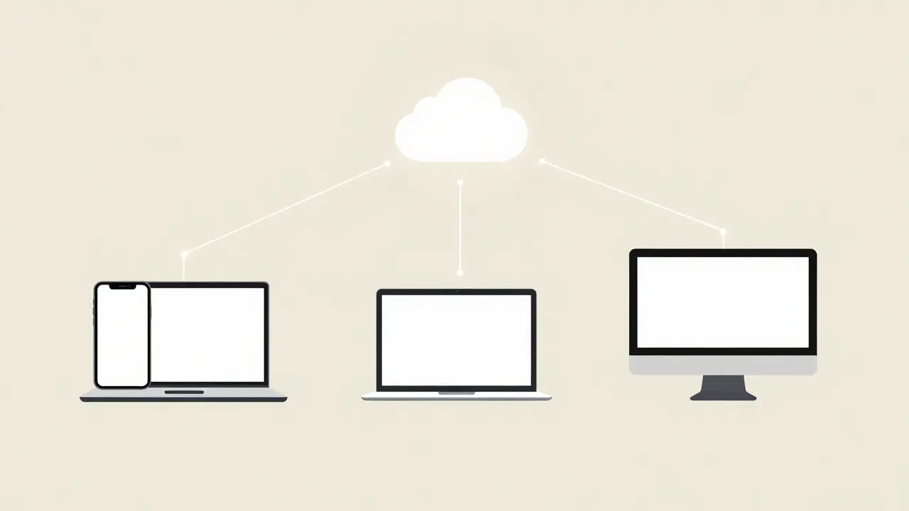 Flat design illustration connecting multiple devices to a central account cloud icon.