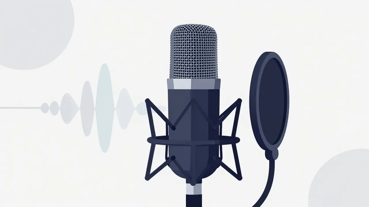 Flat design illustration of a dynamic microphone with sound waves