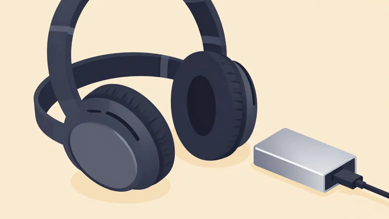 Flat illustration of wired headphones connected to an external DAC for high-fidelity audio