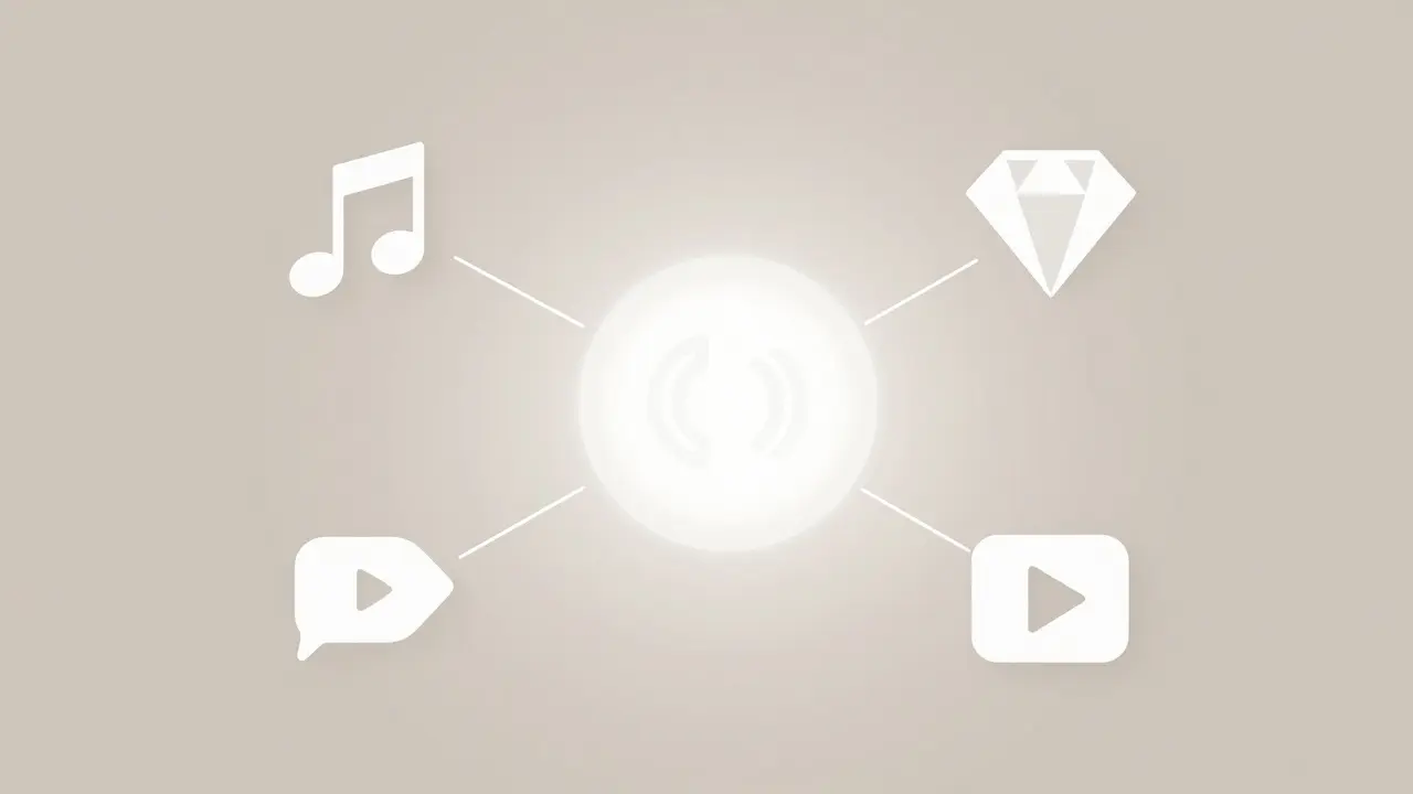 Four streaming service icons connected to a central audio sphere in a minimalist layout.