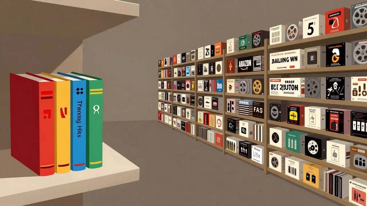 Illustration contrasting a small stack of trending hits with a vast library of classics.