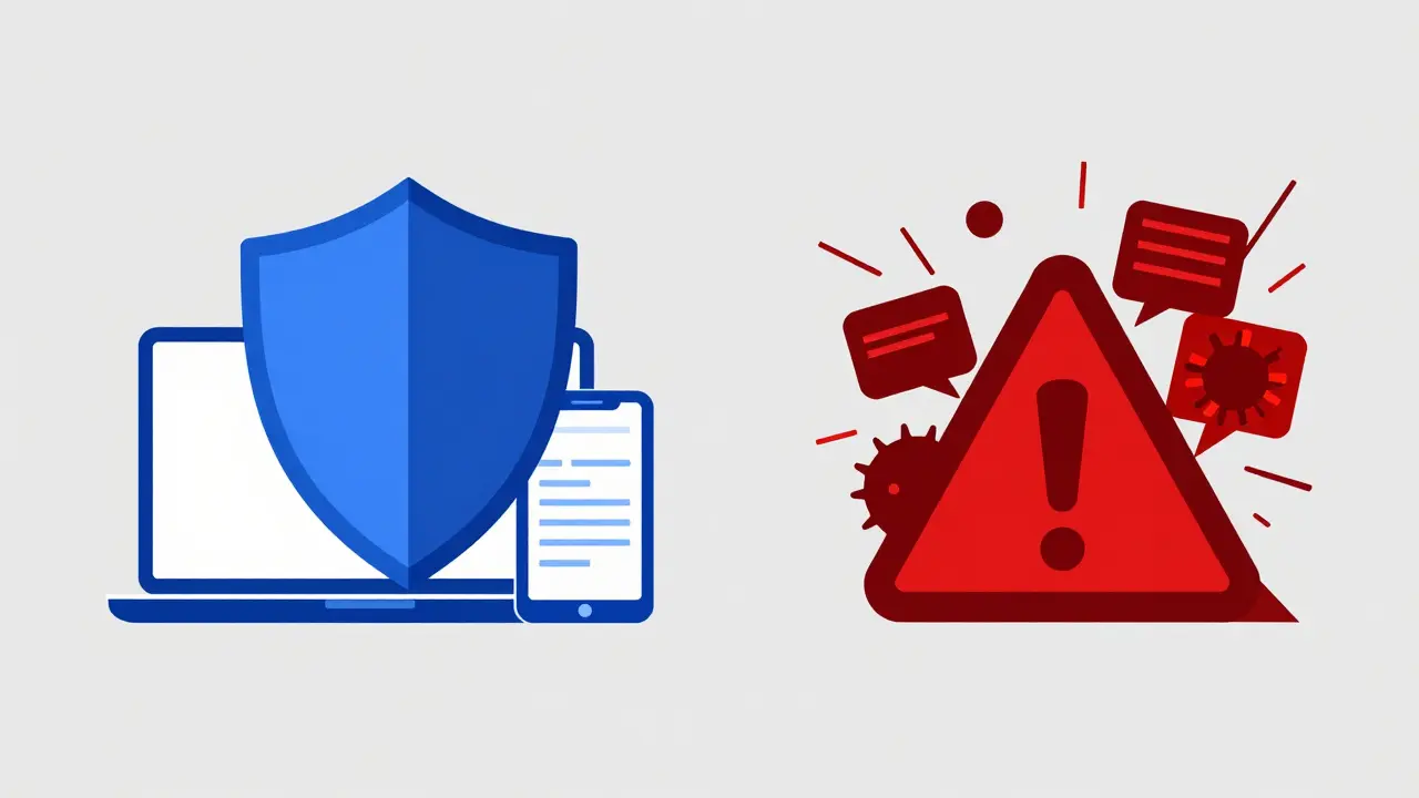 Illustration showing a shield protecting devices from malware versus chaotic danger symbols.