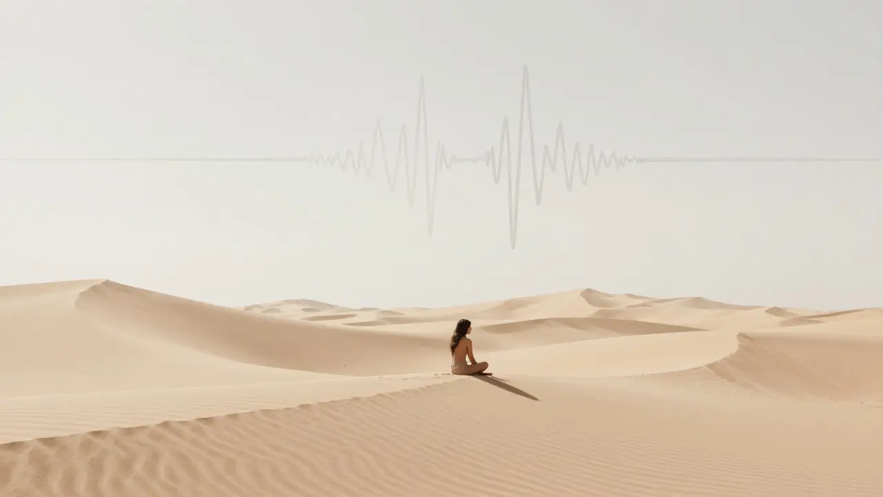 Lone figure sitting in silent, empty desert landscape