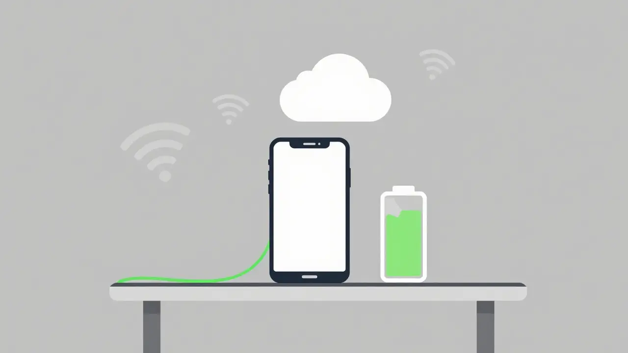 Minimalist graphic showing smartphone data usage and battery drain during streaming