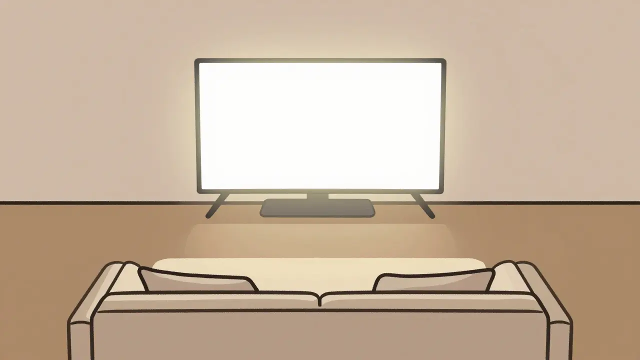 Minimalist illustration of a cozy living room with a glowing TV screen.
