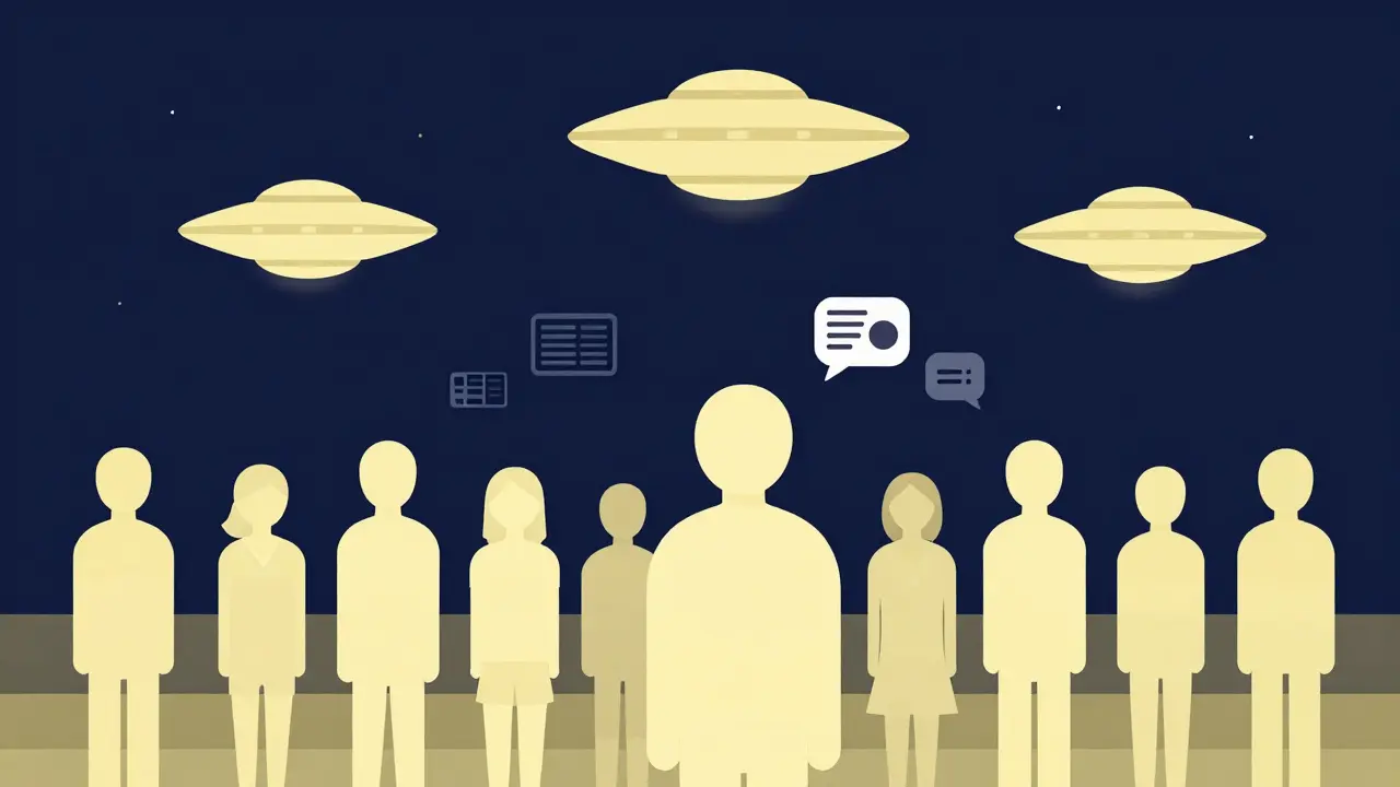 Minimalist scene of people looking up at minimalist UFOs in the night sky