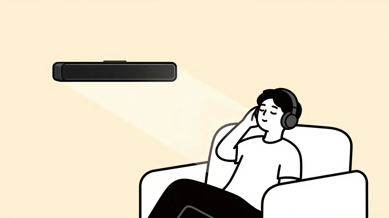 Person relaxing on a sofa with headphones while a soundbar projects overhead audio beams.
