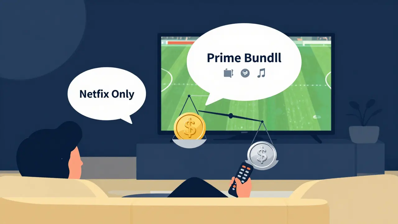 Person weighing subscription value with Prime bundle perks versus standalone streaming.