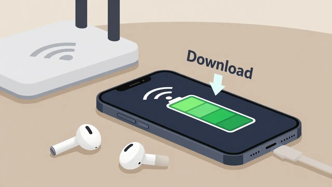 Phone downloading music via Wi-Fi to save mobile data and battery