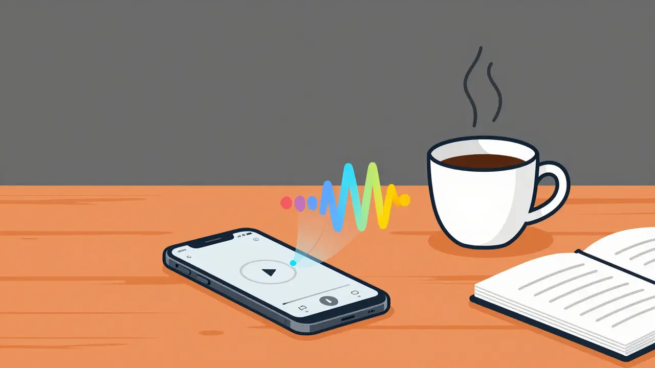 Phone on a table emitting sound waves near coffee and notes, symbolizing background play