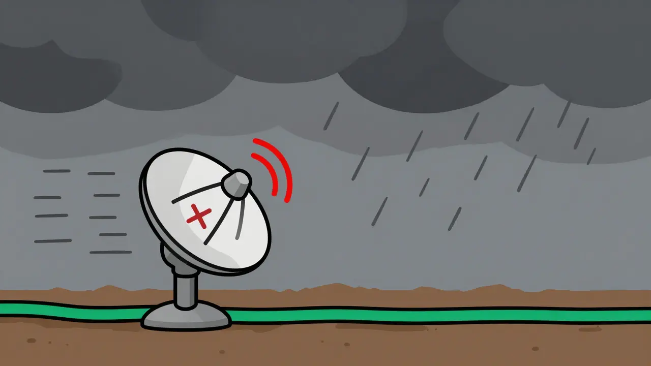 Satellite dish failing in storm while underground fiber cable remains stable.