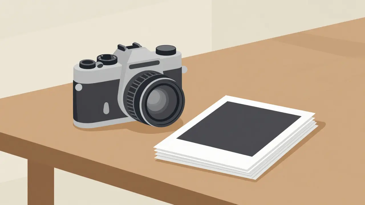 Simple illustration of a camera and photos on a table.