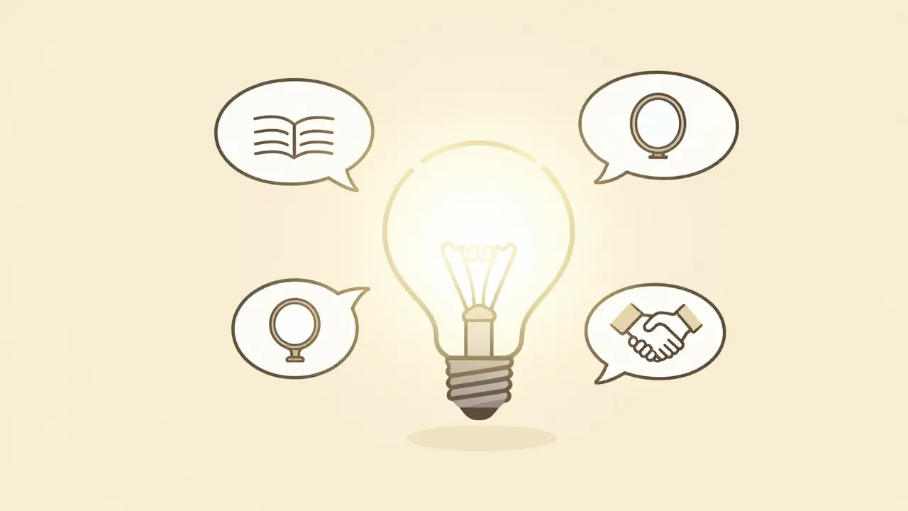 Simple illustration of floating speech bubbles around a central idea.