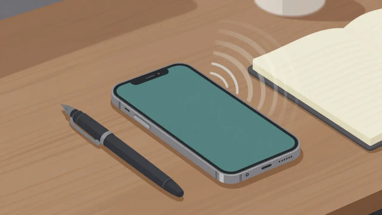 Smartphone with audio waves next to a pen and notebook on a desk.