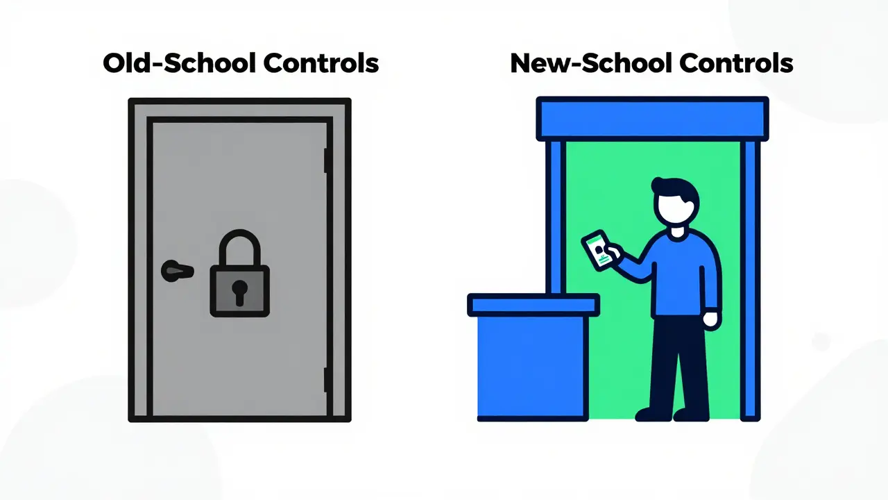 Split illustration comparing locked door vs bouncer for parental controls