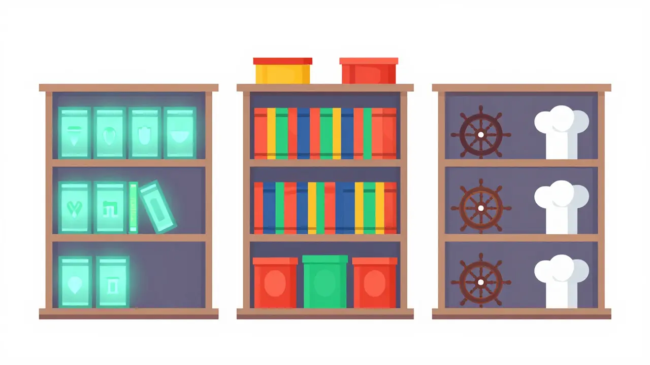 Three shelves comparing streaming service content libraries