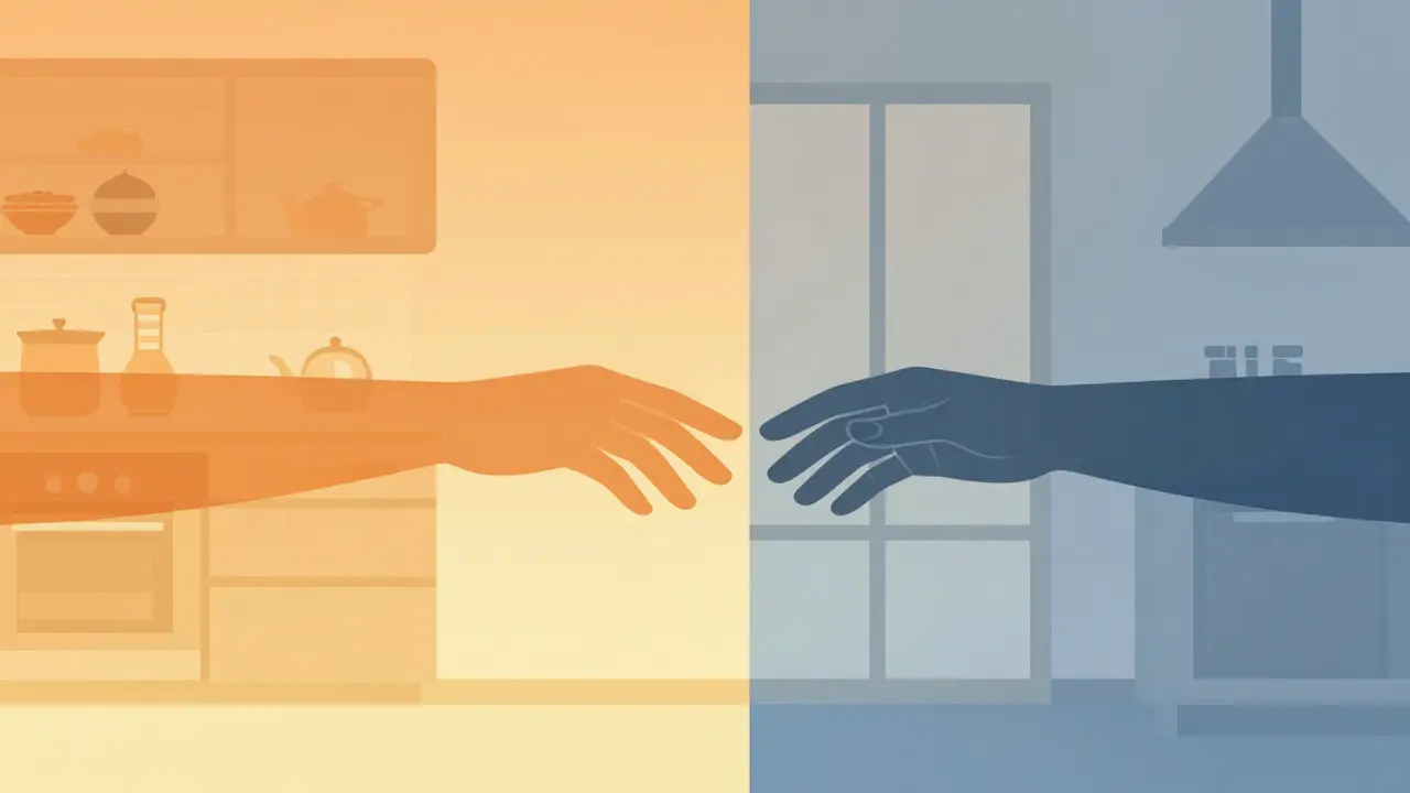 Two hands reaching across merging warm and cool cultural spaces