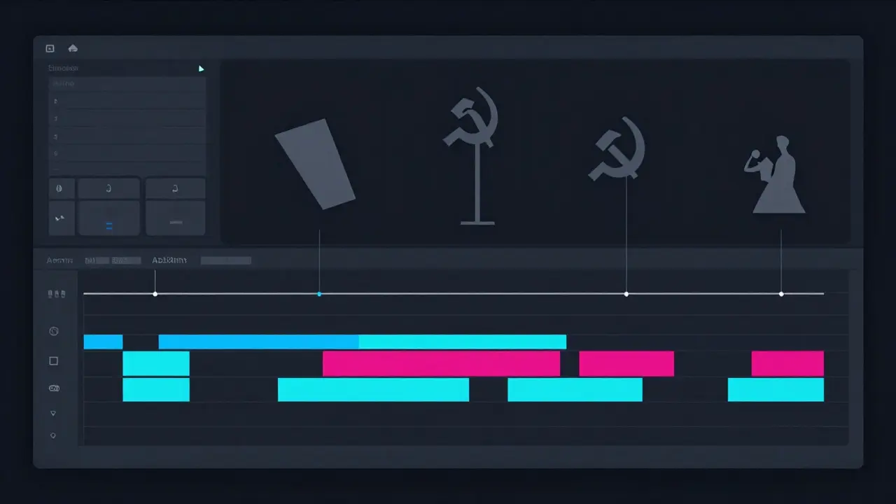 Abstract editing timeline with classic cinema icons floating