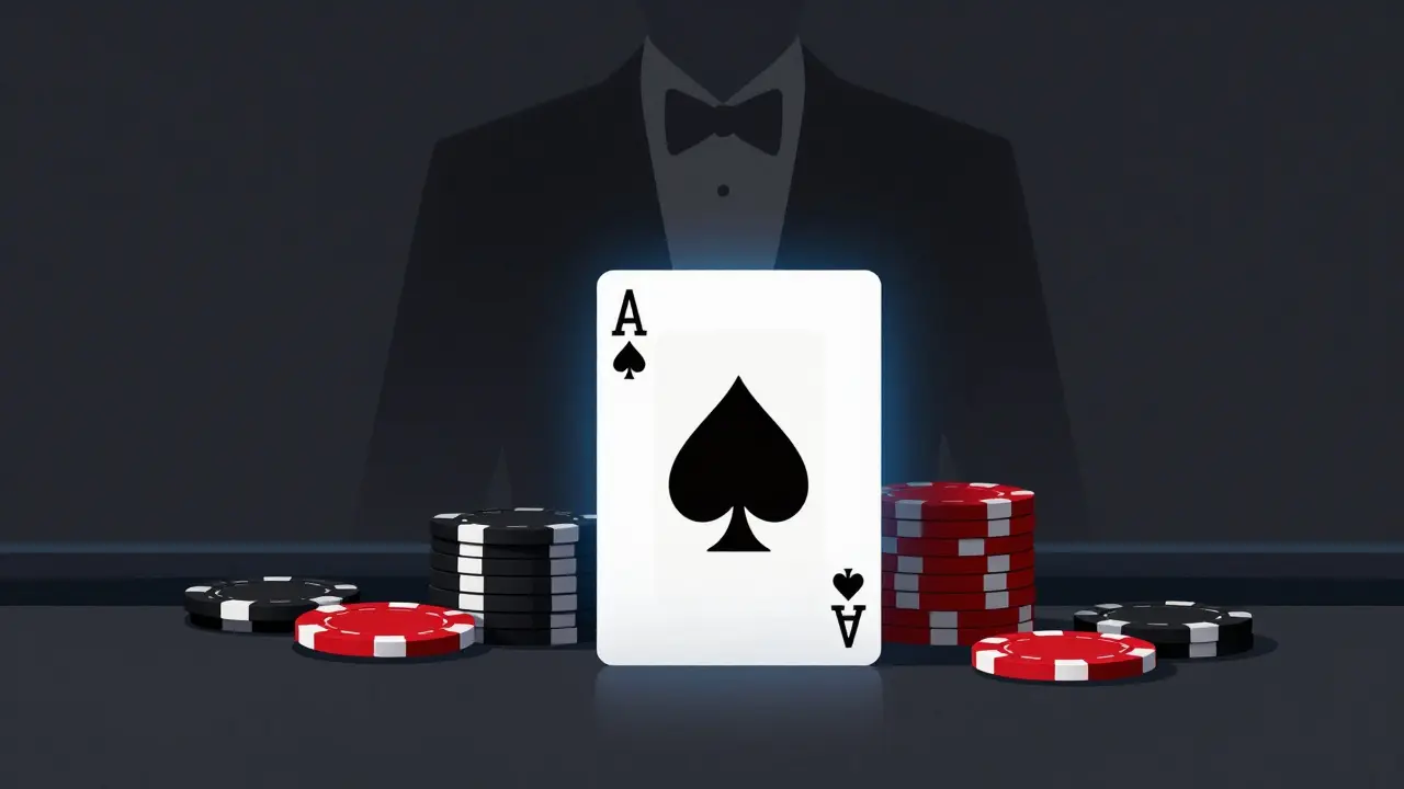 Abstract minimalist art of a poker card and chips representing a tense casino scene.