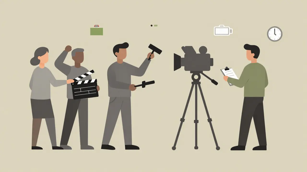 Crew collaborating on a simplified film set with equipment