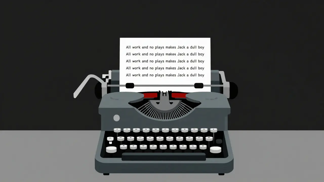 Flat vector art of a typewriter repeating a phrase symbolizing madness.