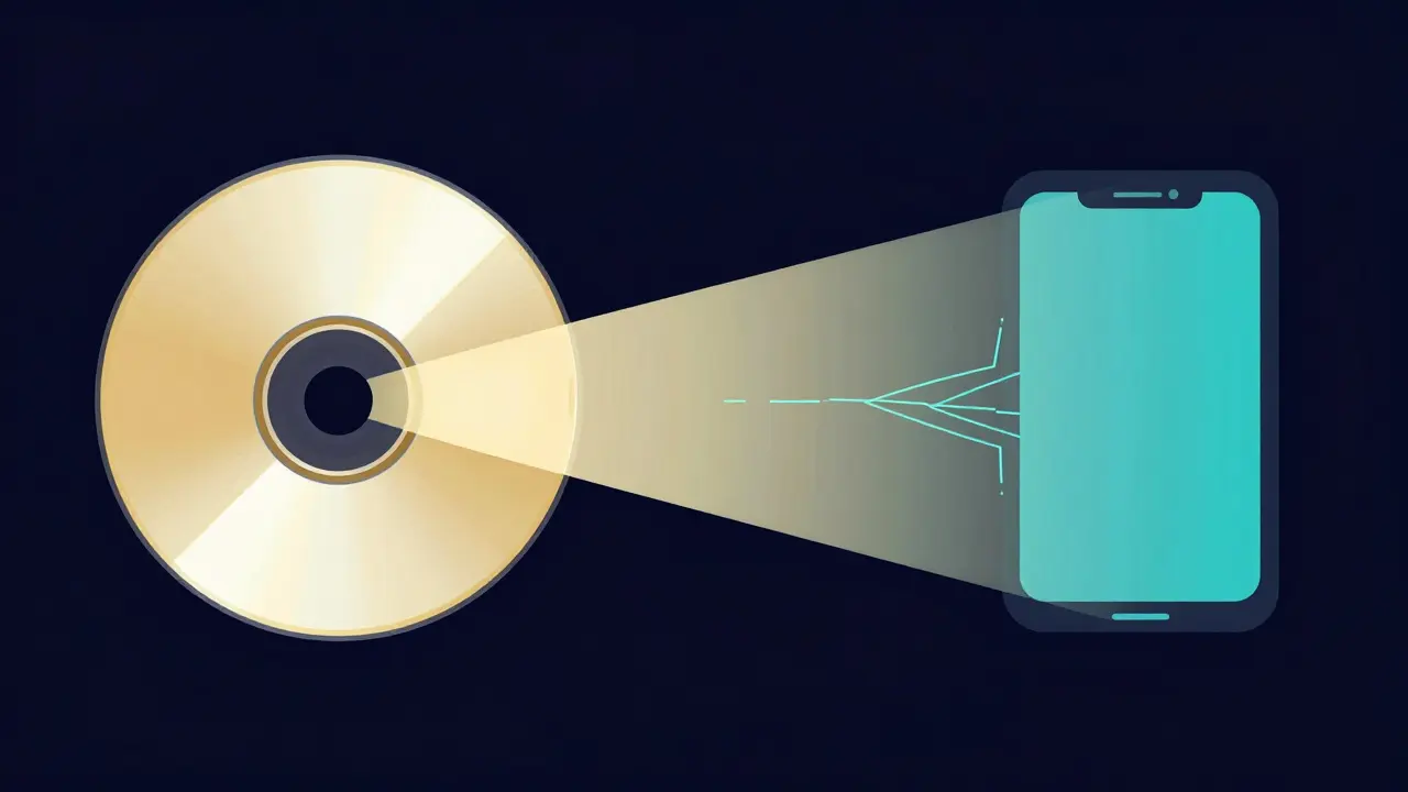 Geometric illustration comparing the strong light beam of a Blu-ray disc to the weaker stream of a phone.