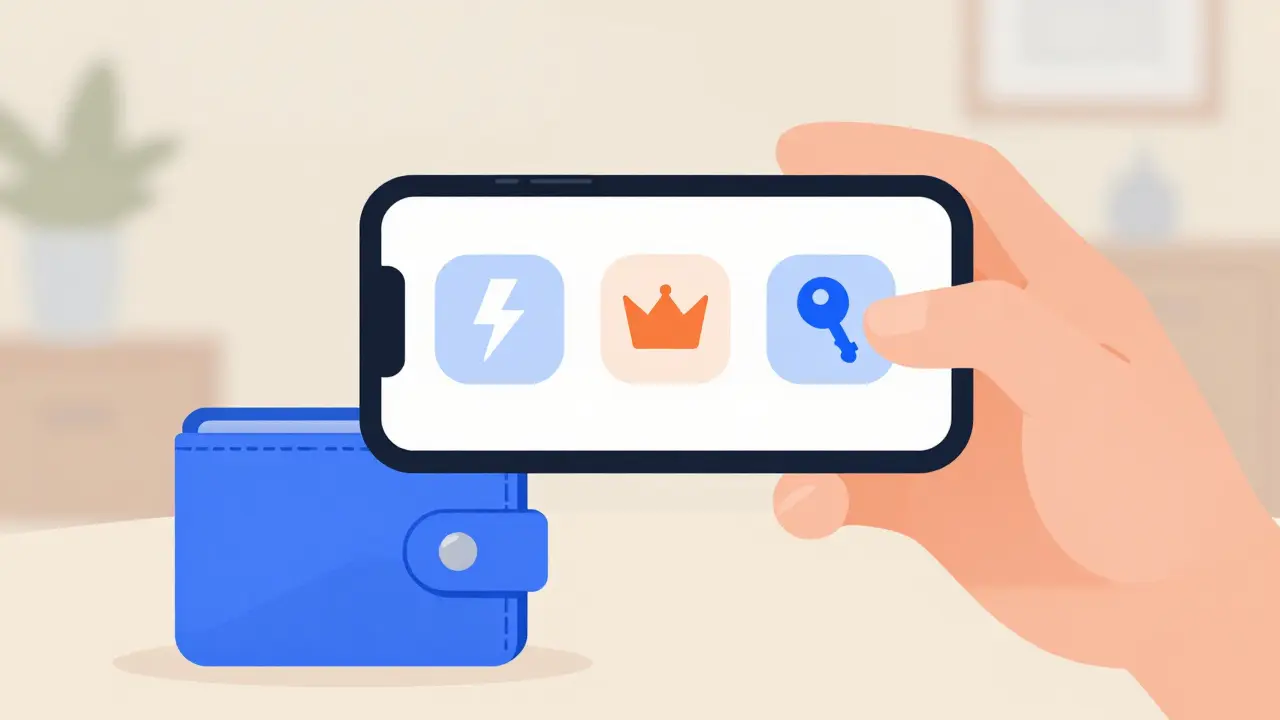 Hand holding phone with streaming icons and wallet