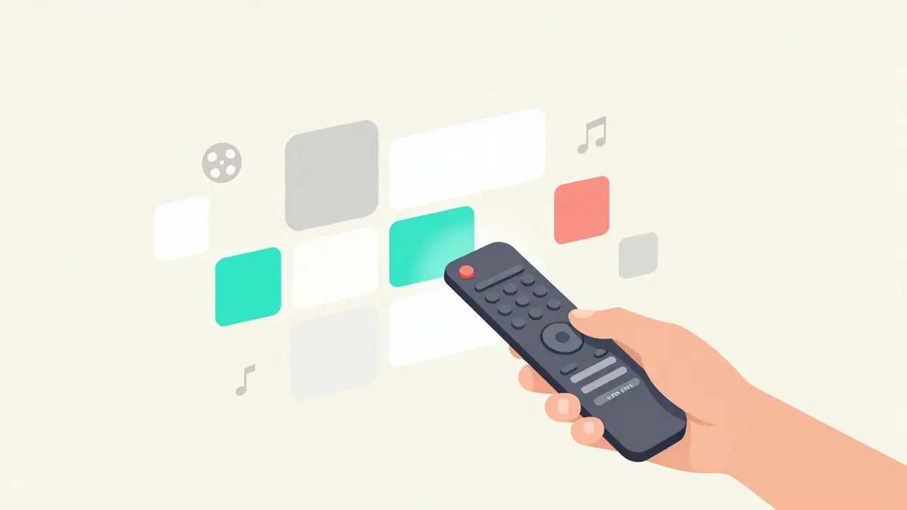 Hand holding remote pointing at an abstract floating program guide grid