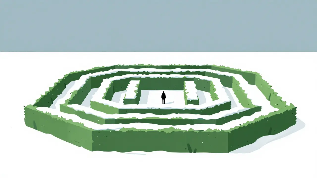 Illustration of a lone figure lost in a snowy, minimalist hedge maze.