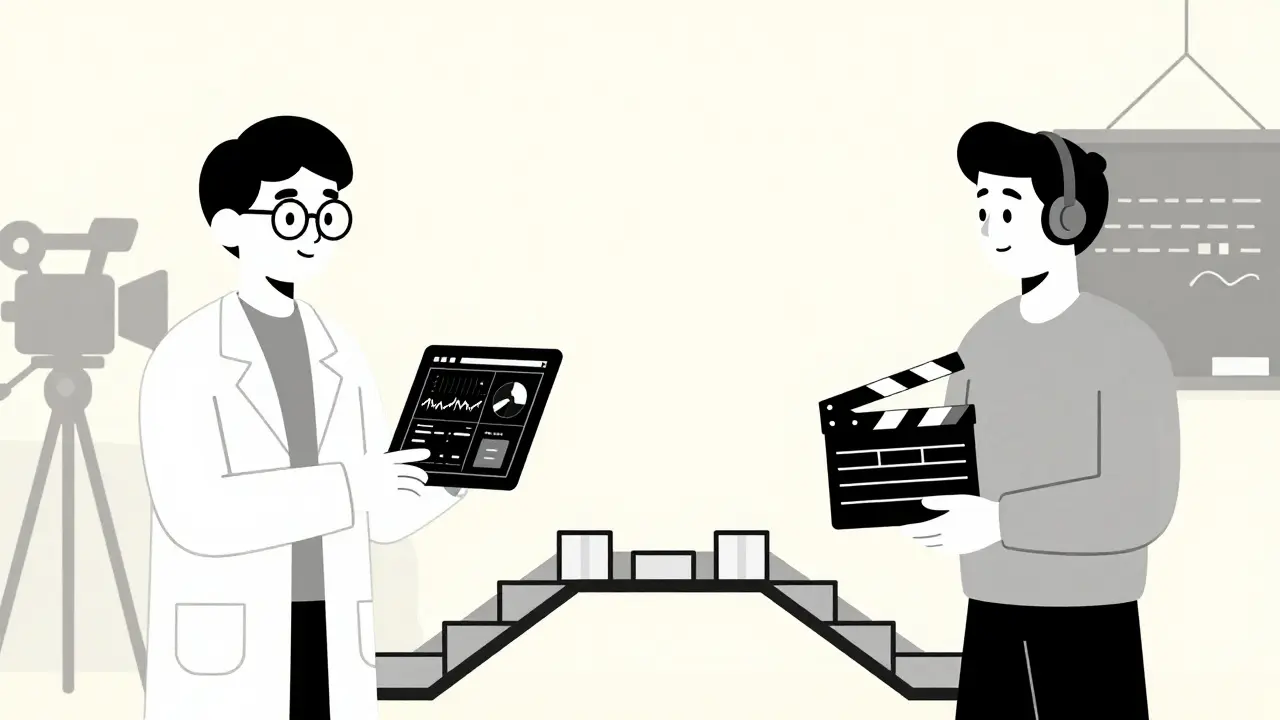 Illustration of a scientist and film director collaborating, bridging data and narrative with geometric blocks.