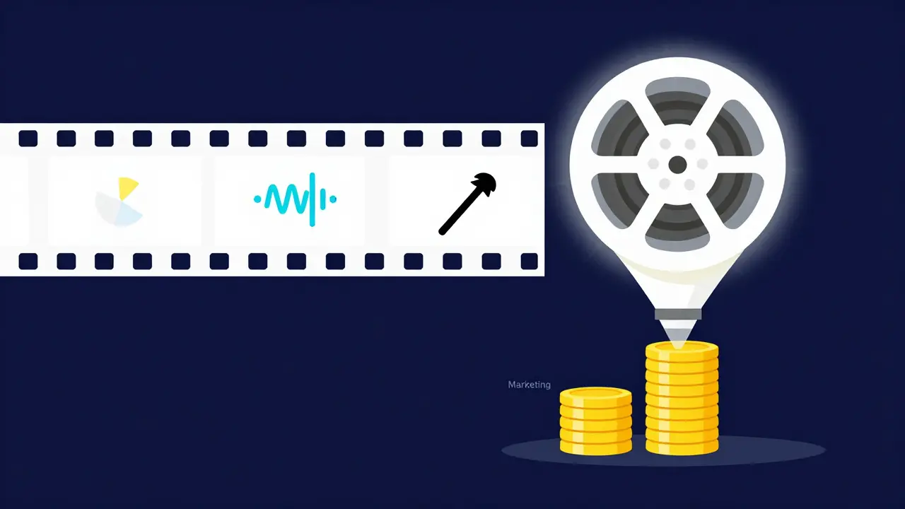 Illustration of post-production workflow and marketing costs balancing production.