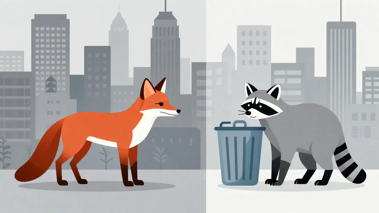 Minimalist art showing a fox and raccoon in urban environments