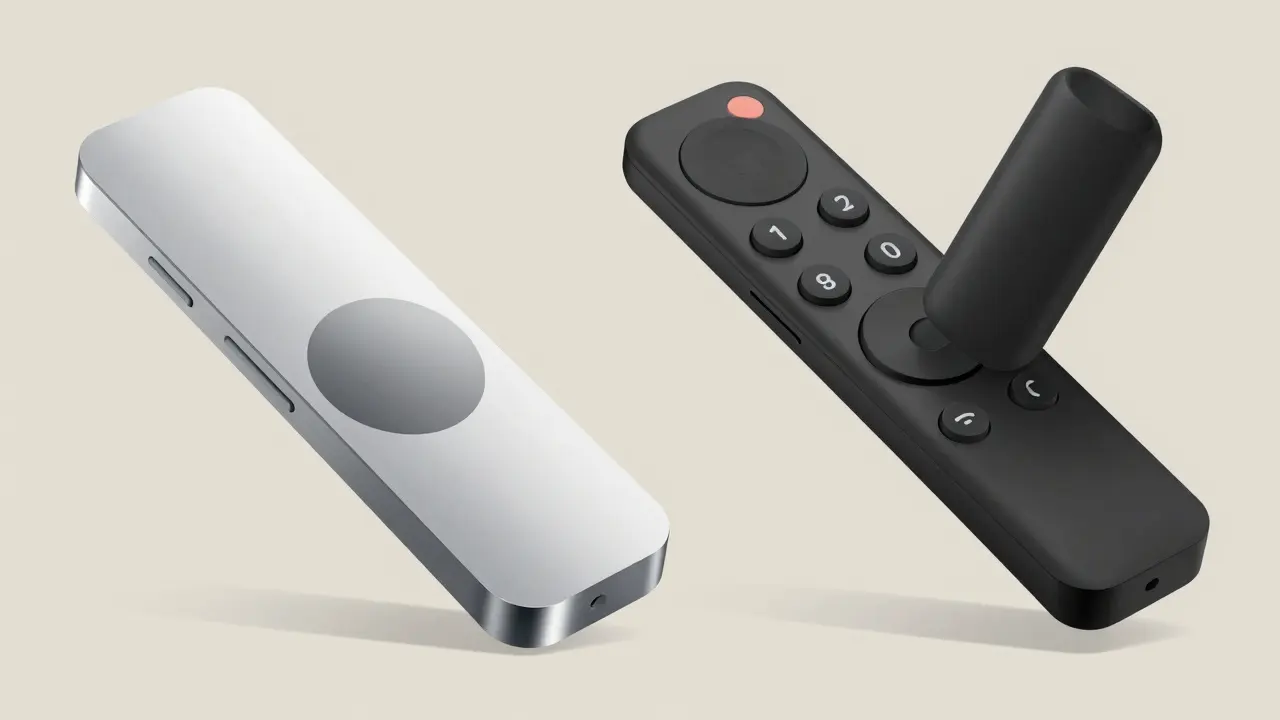 Minimalist comparison of Apple TV remote and Roku Voice Remote Pro