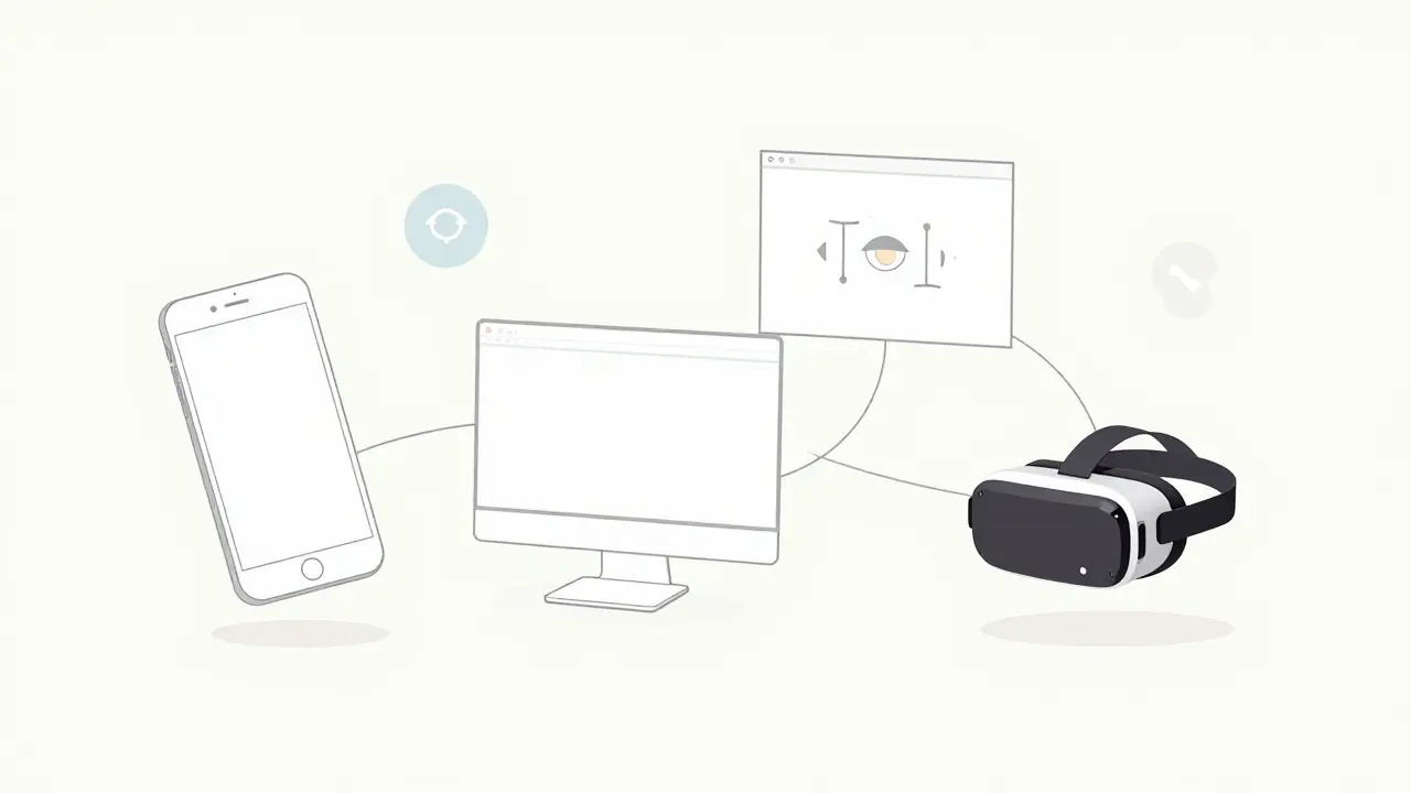 Minimalist graphic connecting smartphones, screens, and VR headsets in white space.