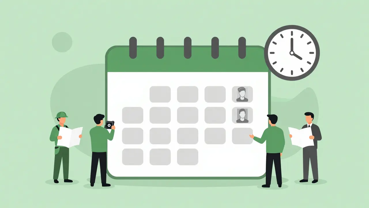 Minimalist graphic of pre-production planning with schedules and crew icons.