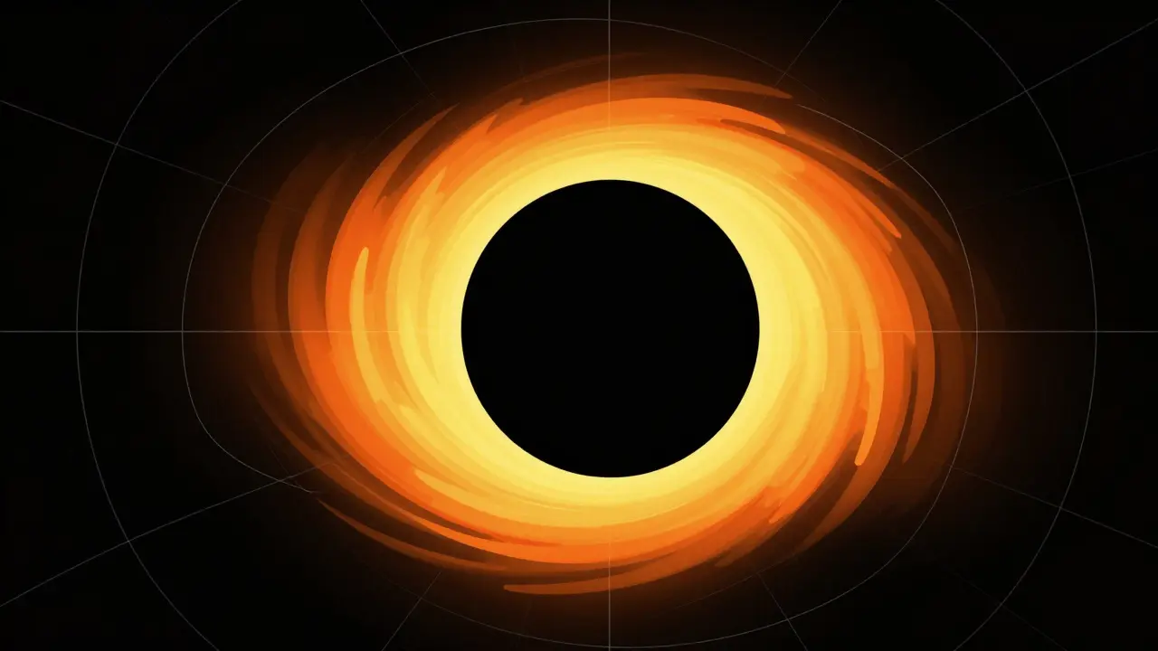 Minimalist vector art of a scientifically accurate black hole with bending light rings and curved grid lines.