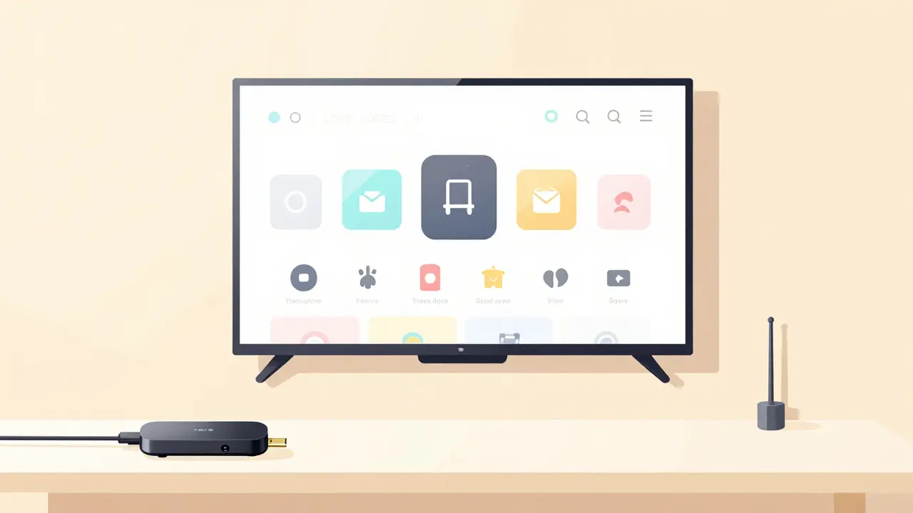 Modern smart TV with streaming stick and antenna setup