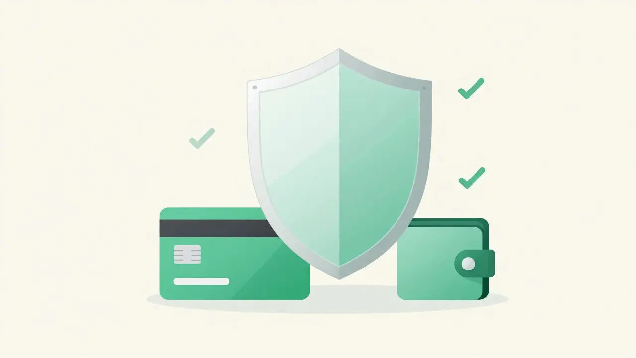 Shield protecting credit cards and wallet with checkmarks