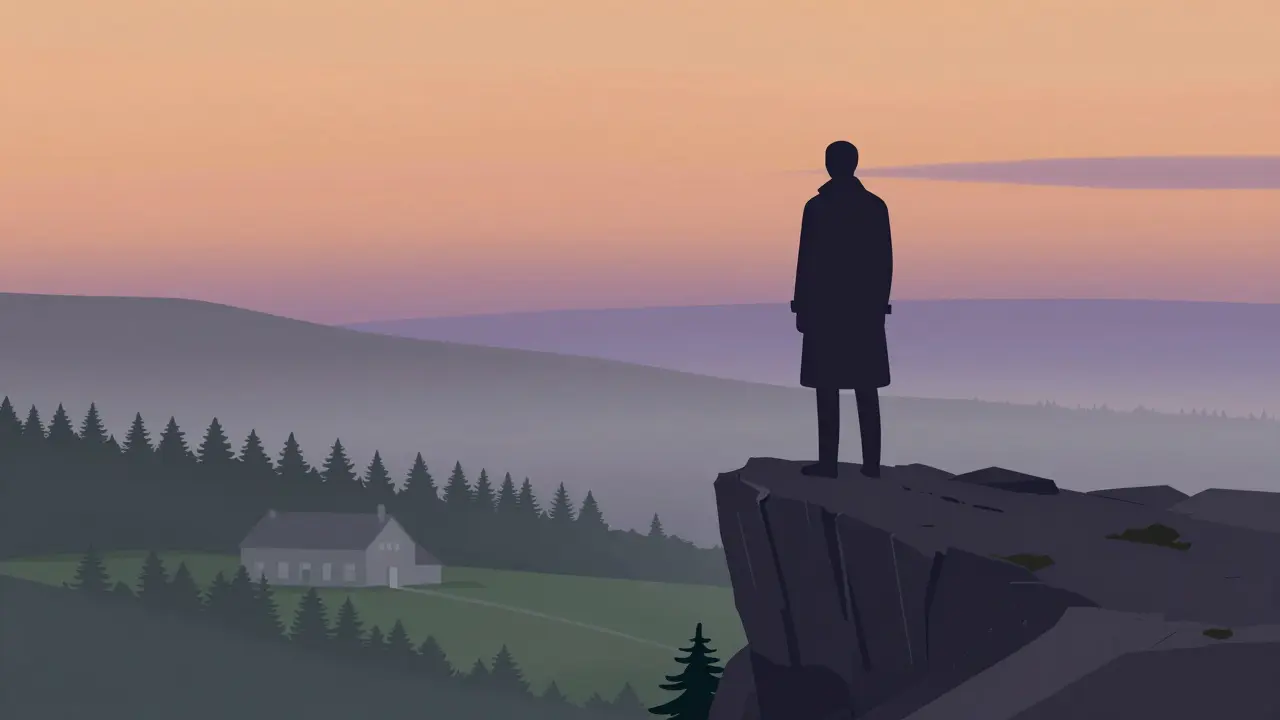 Silhouette of a spy on a cliff overlooking a misty lodge in a minimalist style.
